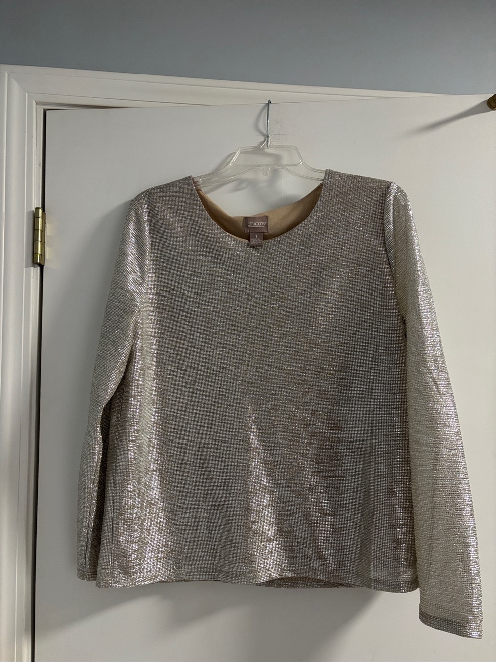 Chico's Metallic Silver Long-Sleeve Crew Top